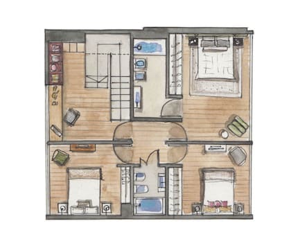 Diseñaron el escritorio con biblioteca y un cielo raso que distrajera un poco de la cantidad de puertas que dan al hall distribuidor. El cuarto principal tuvo el mayor trabajo de interiorismo; las decisiones de equipamiento del resto se dejaron abiertas a cómo evolucione la vida de los dueños, que volvieron al país después de cinco años en Estados Unidos.