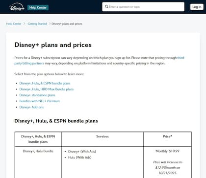 Disney Plus publicó en el centro de ayuda de su sitio web los nuevos precios que tendrán sus servicios y paquetes (Disney Plus)