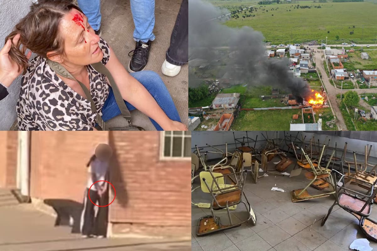 Distintos escenas de la violencia escolar: una preceptora herida, la casa de un alumno incendiada, una adolescente armada y una escuela vandalizada