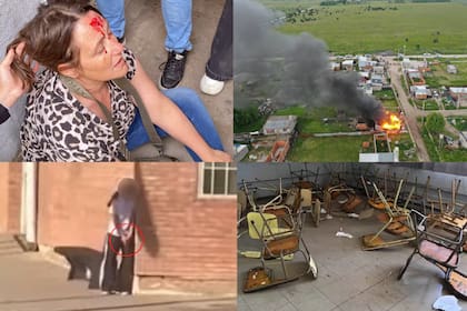Distintos escenas de la violencia escolar: una preceptora herida, la casa de un alumno incendiada, una adolescente armada y una escuela vandalizada