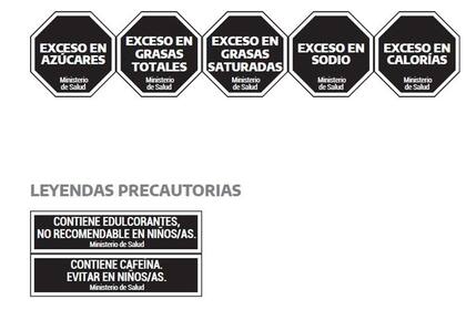 Distintos octógonos y leyendas que se empezarán a ver en los envases de alimentos