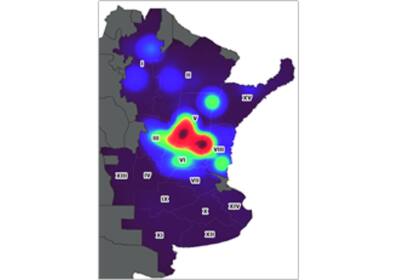 Distribución espacial de la chicharrita (Dalbulus maidis) relevado la semana pasada por la Bolsa de Cereales de Buenos Aires