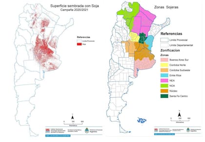 Distribución espacial del cultivo de soja en la Argentina durante la campaña 2020/2021 y distribución de las ocho zonas sojeras de la Argentina delimitadas para este trabajo