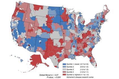 Distribución geográfica de la intensidad del diagnóstico de ADRD por regiones de derivación hospitalaria de Estados Unidos