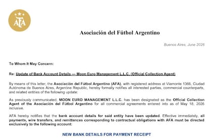 Documento con el que la AFA comunicó que Moon Euro Management se convertía en su agente oficial de cobro