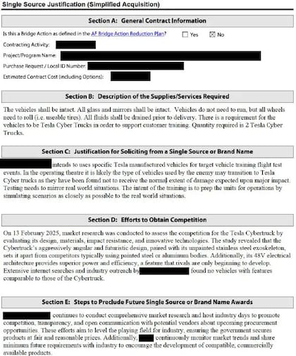 Documento de la Fuerza Aérea sobre adquirir Tesla Cybertruck para pruebas con misiles (Captura de pantalla The War Zone)