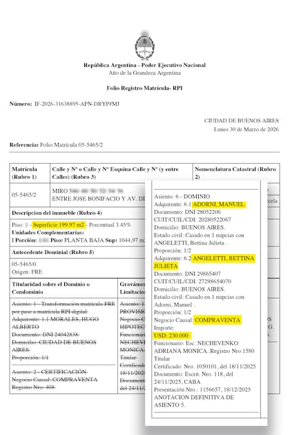 Documento del departamento comprado por manuel Adorni en la calle Miro 546