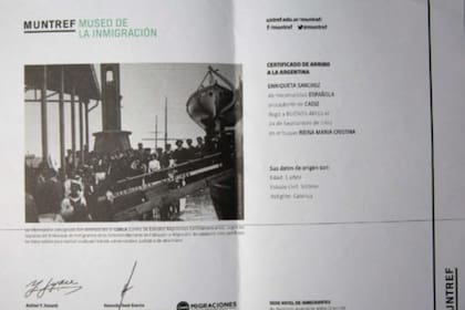 Documento sobre la llegada a la Argentina de la hija de Marcela, María Enriqueta