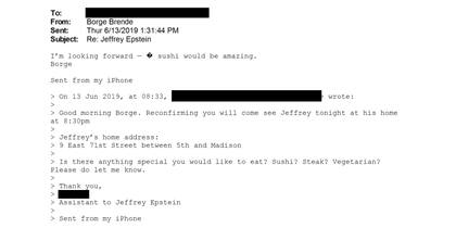 Documentos publicados por el Departamento de Justicia de EE.UU. por el caso Epstein incluyen mails entre el presidente y director ejecutivo del Foro Económico Mundial (WEF), Borge Brende, y el delincuente sexual Jeffrey Epstein