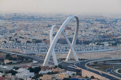 Doha, Qatar - February 0126, 2018: The Tallest Monument of City. known as 56 Bridge of Arch