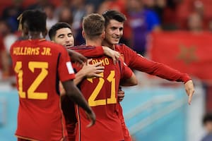 DOHA, QATAR - NOVEMBER 23: Alvaro Morata of Spain celebrates with Dani Olmo after scoring their team's seventh goal during the FIFA World Cup Qatar 2022 Group E match between Spain and Costa Rica at Al Thumama Stadium on November 23, 2022 in Doha, Qatar. (Photo by Buda Mendes/Getty Images)