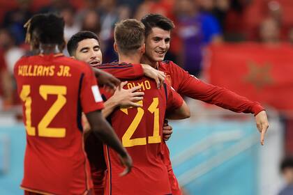 DOHA, QATAR - NOVEMBER 23: Alvaro Morata of Spain celebrates with Dani Olmo after scoring their team's seventh goal during the FIFA World Cup Qatar 2022 Group E match between Spain and Costa Rica at Al Thumama Stadium on November 23, 2022 in Doha, Qatar. (Photo by Buda Mendes/Getty Images)