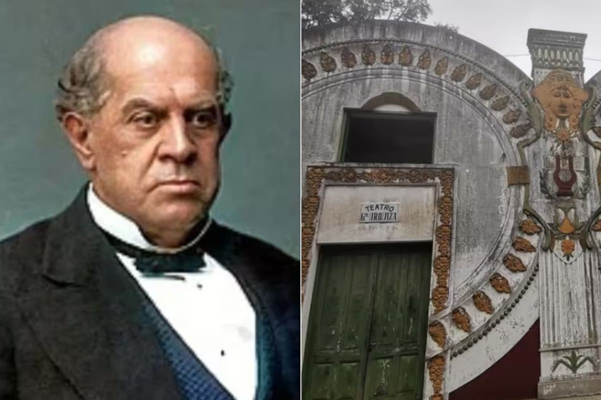 Domingo Faustino Sarmiento junto al teatro Urquiza, un recuerdo de la época de esplendor de Martín García