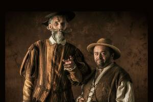Don Quijote de la Mancha y su inseparable escudero, Sancho Panza, en una reinterpretación moderna de los personajes creados por Miguel Cervantes.