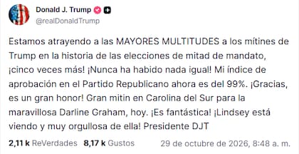 Donald Trump asegura que cuenta con el respaldo del Partido Republicano de cara a las midterms 2026