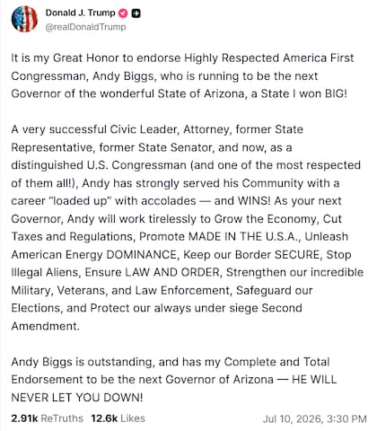 Donald Trump aseguró que Andy Biggs no va a defraudar a los residentes de Arizona