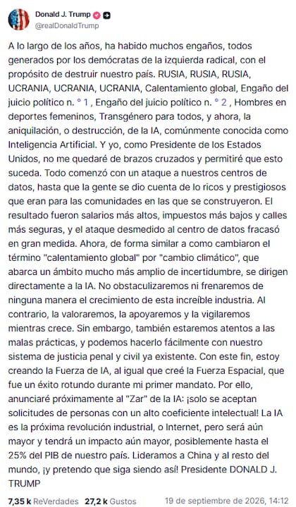 Donald Trump aseguró que solo aceptará "solicitudes de personas con un alto coeficiente intelectual" para el puesto del "zar de la IA"