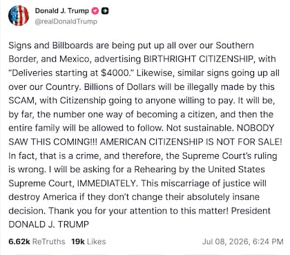 Donald Trump aseguró que tras el fallo de la Corte Suprema, muchas personas van a comercializar con la ciudadanía por nacimiento