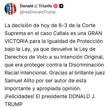 Donald Trump celebró el fallo en sus redes sociales