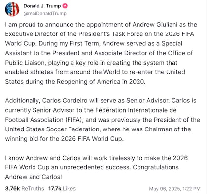 Donald Trump destacó la experiencia de Giuliani y Cordeiro, y además, celebró su incorporación frente a los preparativos para la Copa Mundial 2026