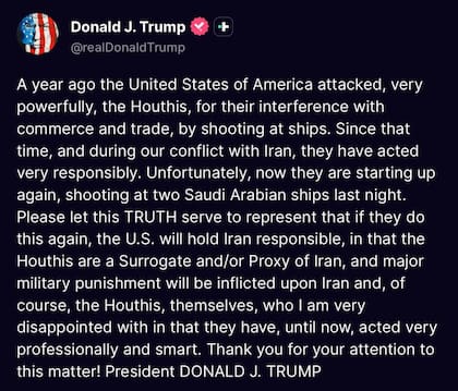 Donald Trump en Truth sobre los hutíes