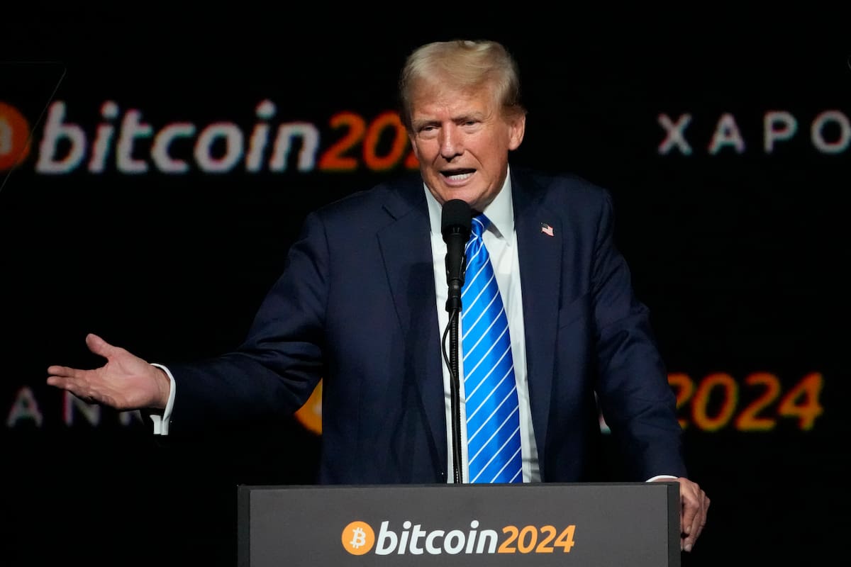 Donald Trump habla durante la Conferencia Bitcoin 2024 en Nashville, Tennesssee, el 27 de julio de 2024 (AP Foto/Mark Humphrey, archivo)