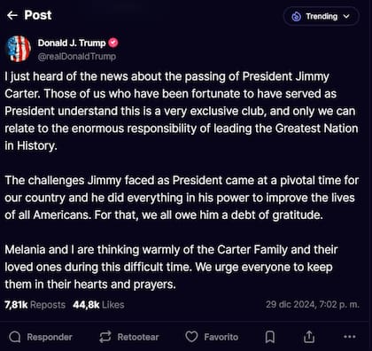 Donald Trump pide gratitud hace el expresidente fallecido