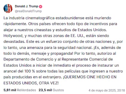 Donald Trump propuso aplicar un arancel del 100% a producciones realizadas fuera de Estados Unidos, en defensa de la industria local