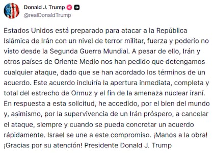 Donald Trump publicó un texto en el que indica que cesarán los ataques contra Irán
