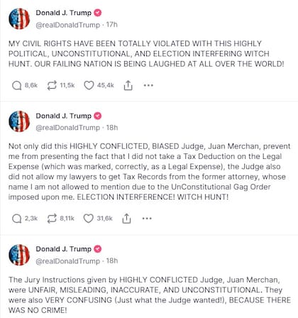 Donald Trump utilizó su cuenta en Truth Social para señalar al juez en su proceso