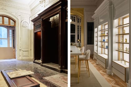 Dorado y blanco fueron las claves para encender la luz de la casa; en el rediseño se agregaron estantes y cajones que no llegan a tocar el suelo.