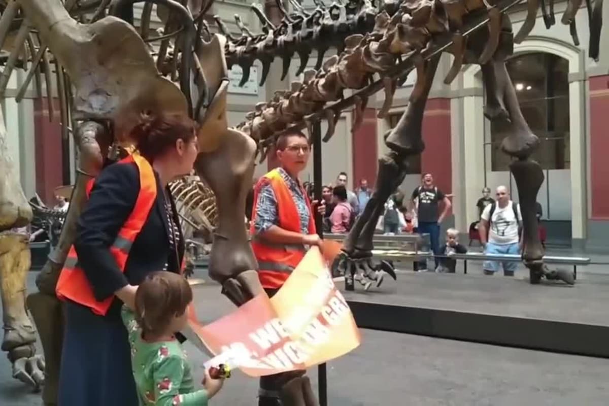 Dos activistas se pegaron al esqueleto de un dinosaurio en un museo de Berlín