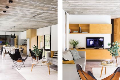 Dos BKF (desillas.com) completan el living, con mesa baja (Metro Maderas Carpintería) y una alfombra tejida en telar (Elementos Argentinos). El living termina en un mueble que sostiene la TV, revestido por dentro y por fuera con madera de kiri (Estudio 5A).