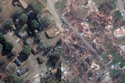 Dos calles de Rolling Fork, antes y después del tornado que azotó Mississippi y otros estados del sur y centro de EE.UU., el pasado 24 de marzo