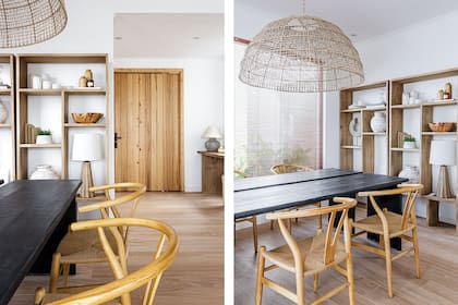 Dos escritorios largos se unen para conformar la mesa del comedor
bajo pantallas de fibras naturales (todo de Sol Palou Deco).