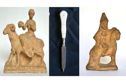 Dos esculturas de terracota y objetos de un set de tocador, entre otros objetos faltantes que ya busca Interpol