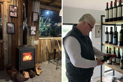 Dos espacios que conquistan, el fuego siempre presente y la pequeña vinoteca donde el comensal se acerca a elegir su vino, todo elegido de acuerdo a los diferentes bolsillos