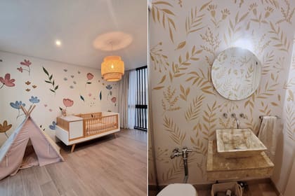 Dos obras de Battaglia: color para un cuarto infantil y elegancia monocromática para un toilette.