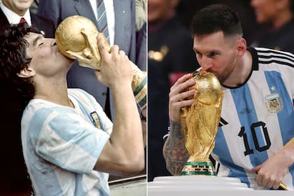 Dos postales que ya están en la historia: Diego Maradona alza la Copa del Mundo tras la victoria por 3-2 sobre Alemania en el estadio Azteca,; Lionel Messi besa el mismo trofeo 36 años después, en el estadio Lusail de Qatar