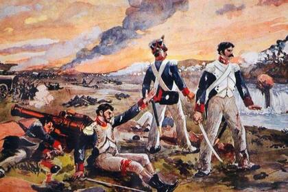 Dos soldados protegen al capitán Ramón Estomba, en una escena de la batalla de Ayohuma, una contienda en la que las tropas del general Belgrano en el Alto Perú resultaron derrotadas por los realistas