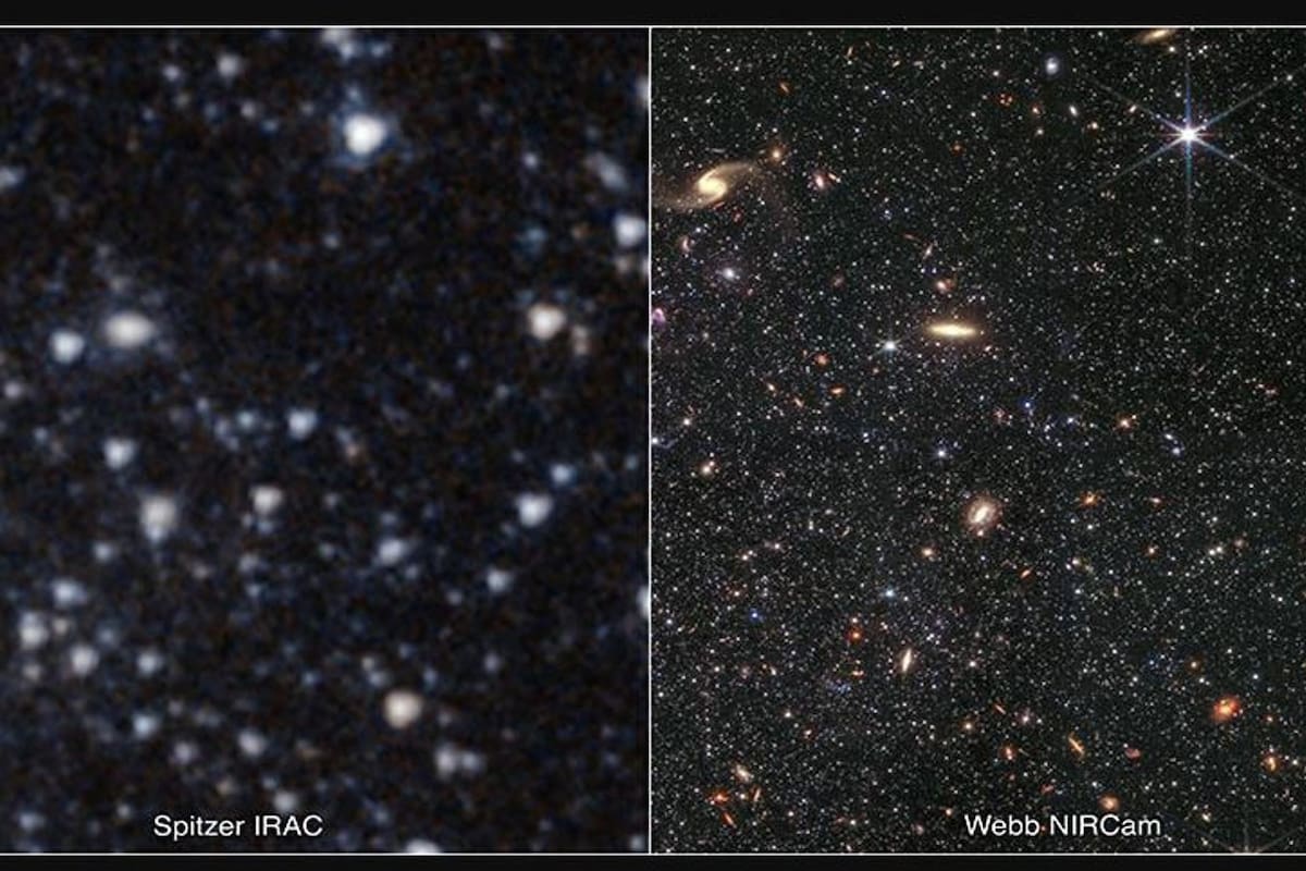 Dos vistas de una porción de la galaxia WLM, una tomada por el Telescopio Espacial de infrarrojos Spitzer (izquierda) y la otra obtenida por el Telescopio Espacial James Webb; avanzamos como civilización gracias a ideas que se les ocurren a individuos