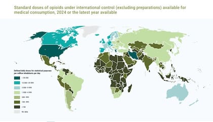 Dosis estándar de opioides bajo control internacional (excluidos los preparados) disponibles para consumo médico (2024 o el último año disponible)