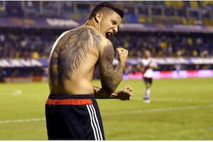 Driussi, durante un festejo suyo con River en La Bombonera