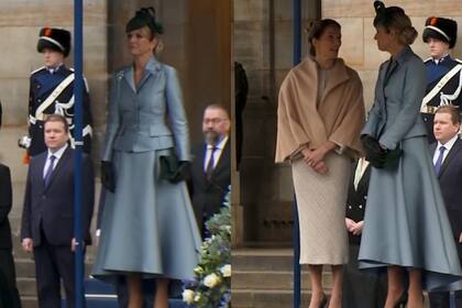 Durante el acto de bienvenida la reina se lució con un set de blazer y falda celeste con un tocado verde (Foto: Captura de video / Instagram @eo_blauwbloed)