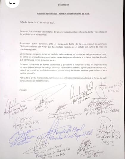 Durante el encuentro, los ministros y secretarios, junto con las autoridades del Gobierno Nacional, acordaron firmar una declaración conjunta para "unir esfuerzos ante el inesperado brote de la enfermedad denominada "Achaparramiento del maíz", que ha afectado seriamente el estado del cultivo del maíz en nuestras regiones".