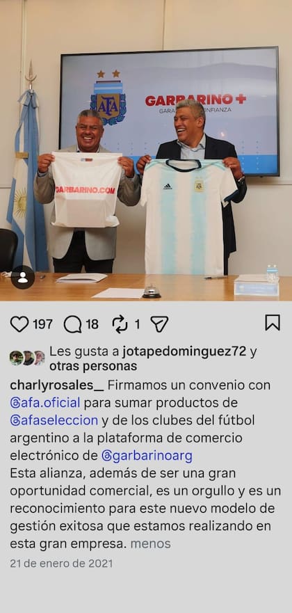 Durante la gestión de Rosales, Garbarino además renovó acuerdos de patrocinio con la dirección de la AFA