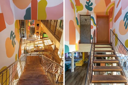 Durante un fin de semana, Jimena y Martina Olivieri, de Forrest Mates, pintaron el mural. Con las mismas líneas abiertas de las barandas, Soqueff diseñó los cerramientos del pasillo que balconea al living (La Herrería de Polo).
