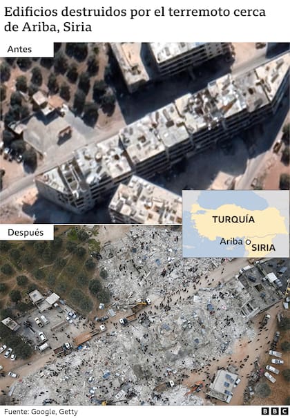 Edificios destruidos por el terremoto cerca de Ariba, Siria.