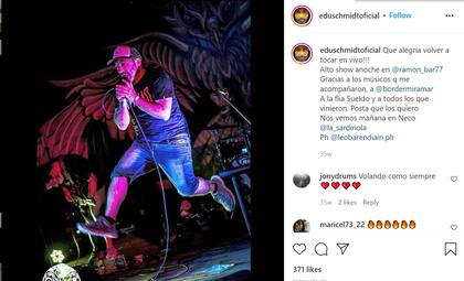 Edu Schmidt celebró en redes sociales su regreso a los escenarios tras la pandemia, como solista
