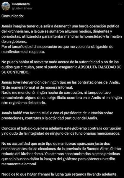 Eduardo “Lule” Menem calificó el escándalo como una “burda operación política del kirchnerismo” (X, @Lulemenem)